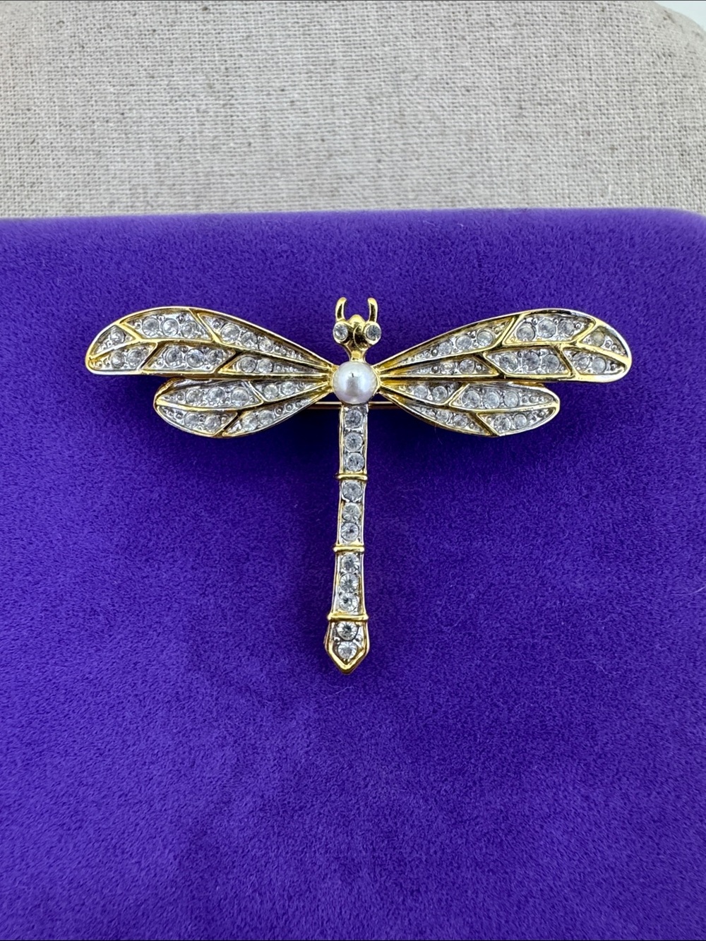 💛 Vintage Gold-Tone Crystal & Pearl Dragonfly Brooch | Nature Lover - Picture 1 of 5